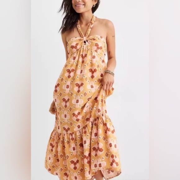aerie Dresses & Skirts - NWT aerie Mustard Yellow & Rust Floral Halter LINEN Maxi Dress sz LARGE